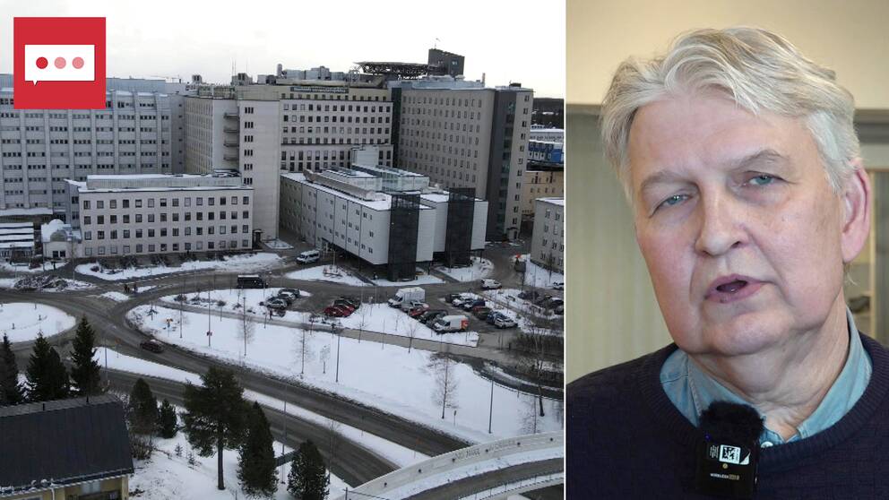 Kollage: Till vänster en översiktsbild av Norrlands universitetssjukhus i Umeå. Det ligger ett lätt snötäcke på marken och himlen är grå. Till höger Stig-Evert Thornberg som är verksamhetschef på rörelseorganens centrum vid Region Västerbotten. Han har kort grått hår och jeansskjorta som sticker fram ovanför en mörk stickad tröja.