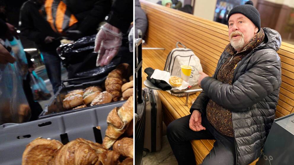 Björn sitter på en bänk på Centralstationen med kaffe och bulle från gratisfrukosten bredvid sig.