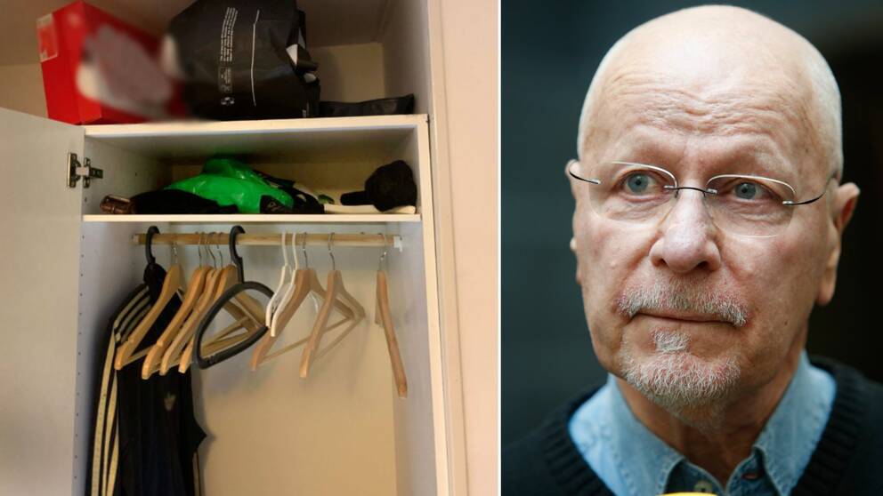 Bild på sprängmedlet i mannens garderob, ur polisens förundersökning. Till höger ett porträtt på Sven-Erik Alhem. 