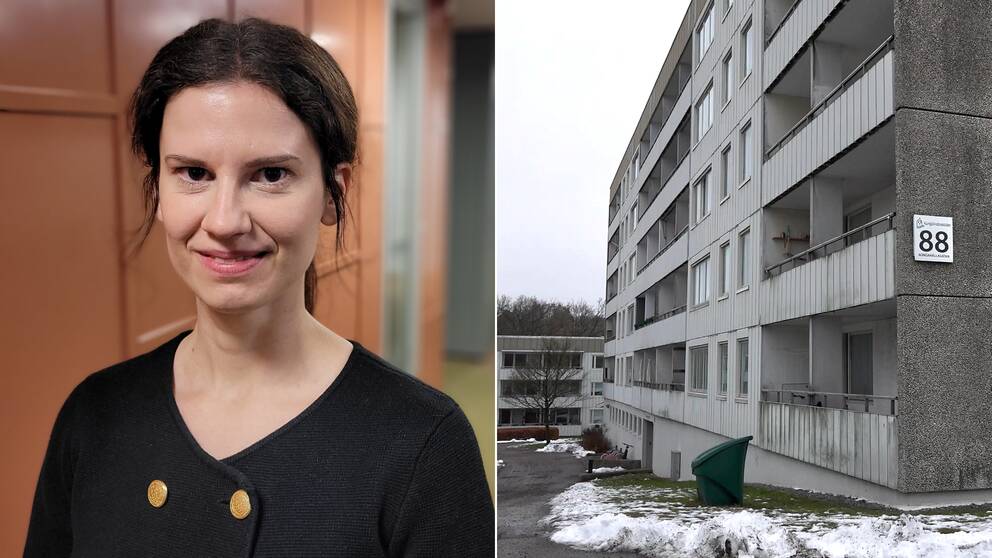 Madeleine Wiik, förhandlare Hyresgästföreningen och gråa flerfamiljshus