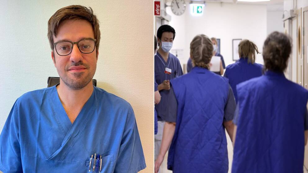 Till vänster: Dario Tesan. Till höger: flera sjuksköterskor går i en korrdior på sjukhuset.