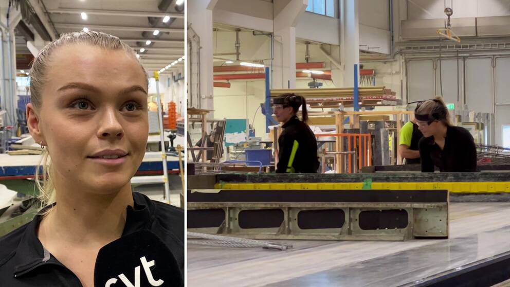 Till vänster: Porträttbild på betongarbetaren Molly Blomberg i Attacus fabrik i Hammerdal. Till höger: Bild på flera i personalen medan de arbetar i Attacus betongfabrik.
