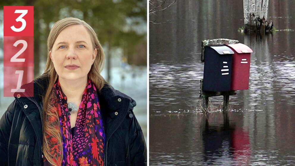 En kvinna, delad bild med brevlådor som står i högt vatten
