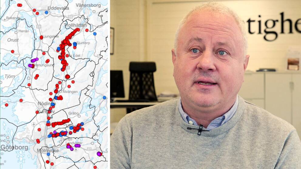 Till vänster en bild på en karta som visar risk för jordskred i området kring göta älv. Till höger en porträttbild på mäklaren Niclas Grönvall.