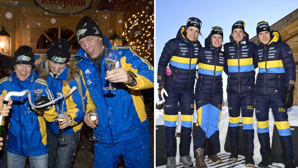 Sverige VM-guldlag i mixedstafett 2007 till vänster och det svenska laget i årets VM.