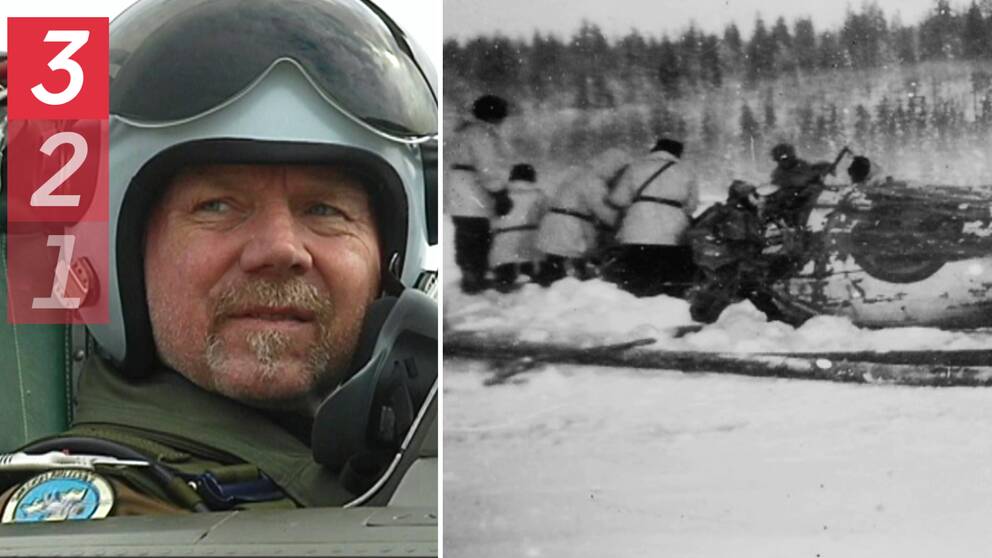 Flyghistorikern och förre stridspiloten Alf Ingesson Thoor och en arkivbild på det kraschade flygplanet på sjön Poustijärvi.