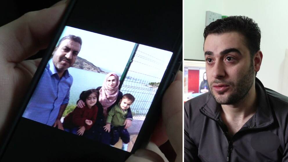 Till vänster en bild på Ahmed Hindawis systers familj som delvis saknas efter jordbävningarna i Turkiet. Till höger en bild på en man i 30-års åldern, Ahmed Hindawi.