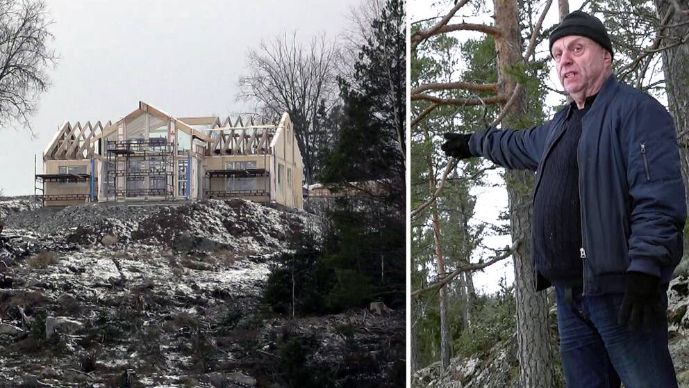 Ett hus som håller på att färdigbyggas på en stenkull. Och Sten Kilander som säljer husen, pekar. 