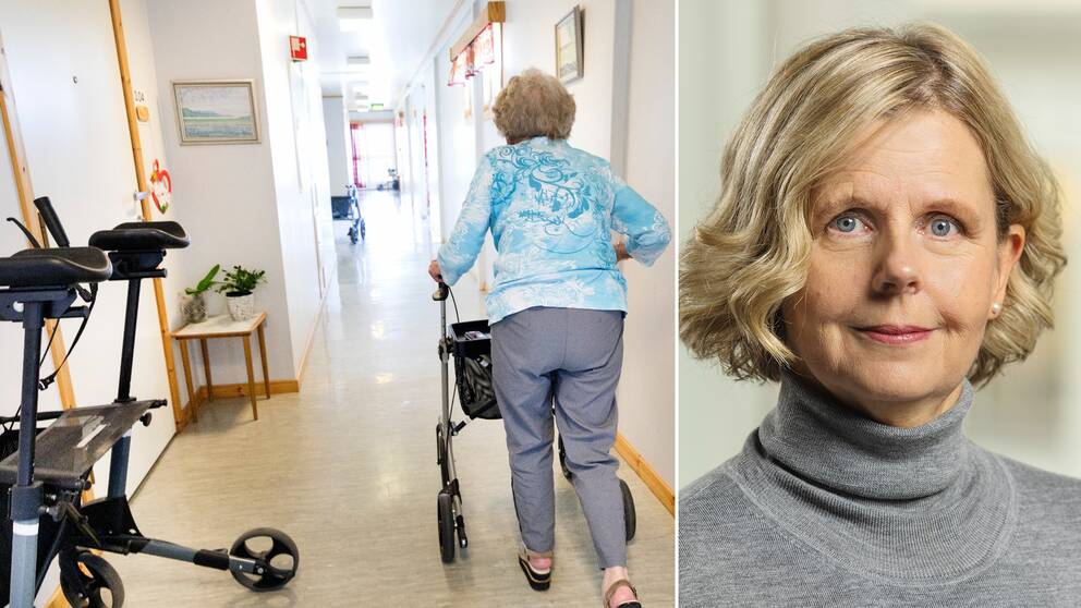 Bild på en äldre kvinna som går med gåstol genom en korridor. Porträttbild av Anna Karin Nyqvist, enhetschef på IVO.