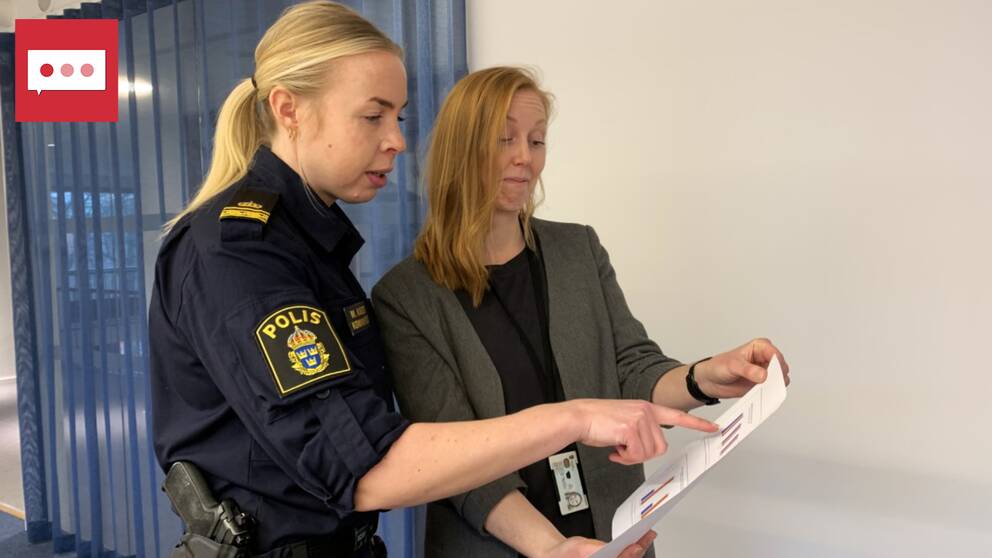 Maja Karlsson, kommunpolis södra vätterbygden, och Elin Undevall, samordnare på länsstyrelsen i Jönköpings län, analyserar resultatet av narkotikamätningen. De tittar på en tabell ihop. 
