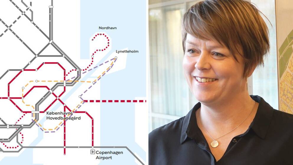 Karta på Köpenhamn som visar dragningen över tunnelbanelinjen M5. Till höger syns Katrin Stjernfeldt Jammeh (S).