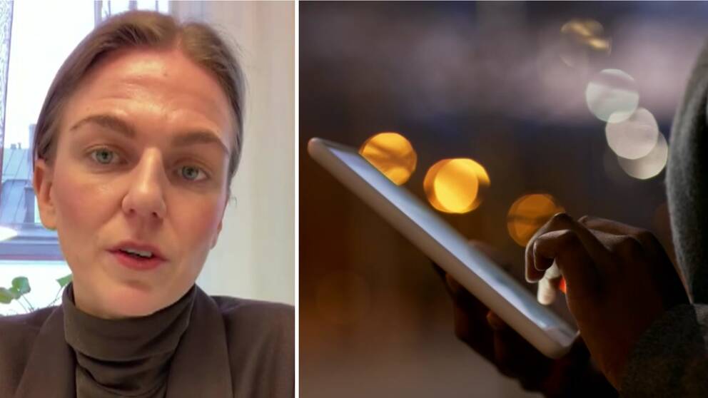 Till vänster syns Ecpat:s utredare Eline Bogen som sitter framför ett fönster och tittar in i kameran. Till höger en bild på en anonym person som tittar i en mobiltelefon.