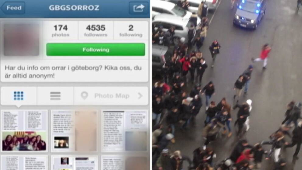 Till vänster i bild syns flera gymnasielever som springer ifrån en polisbil som kör mot dem med blåljus. Till höger syns en gammal bild på instagramkontot Gbgorroz.