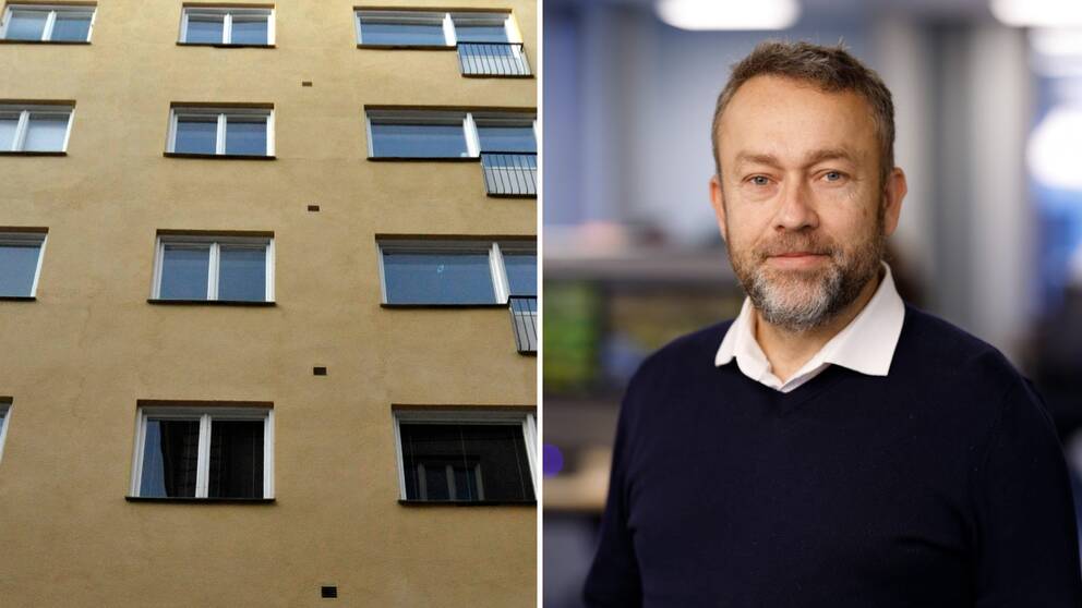 Fasad på flerfamiljshus och pressbild på Carl Ståhle, Sveriges Allmännytta.