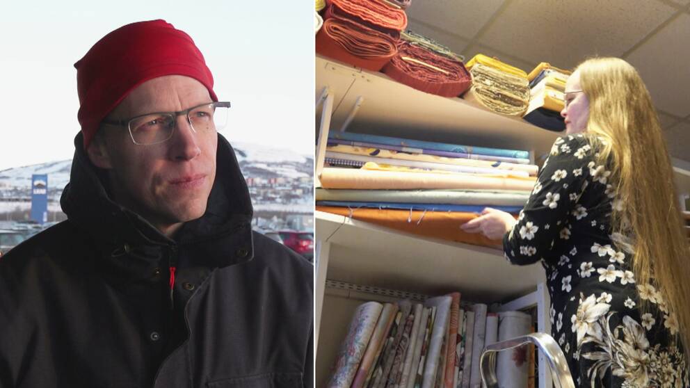 Bild på Anders Lindberg, presschef vid LKAB samt en bild på  butiksägaren Annica Henelund som plockar ner tyger från en hylla.