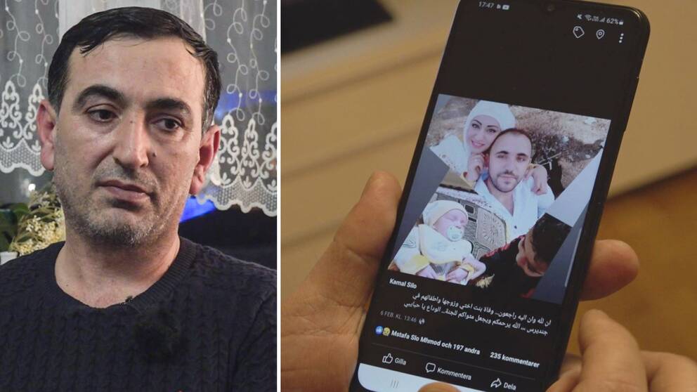 En tvådelad bild, till vänster en porträttbild på Kamal Mahmoud och till höger en bild på en mobiltelefon. På mobiltelefonen är en bild med ett ungt par och två barn.