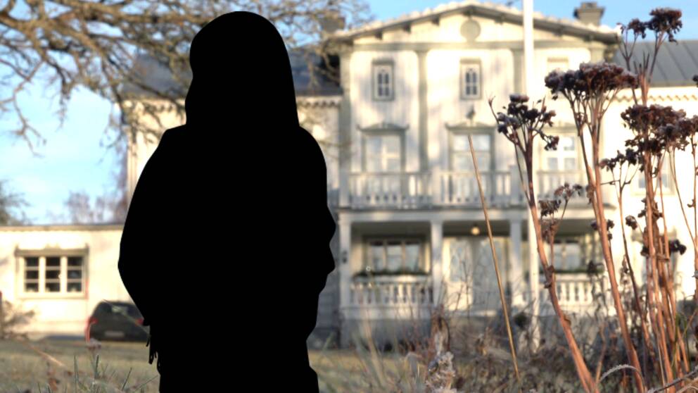 Montage: en svart silhuett framför exteriör av Mölnbacka ungdomshem (en stor vit villa)