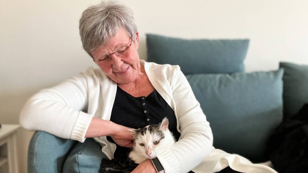 En bild på en kvinna som sitter i en soffa med en katt i knät. Kvinnan heter Helvi Frengen och katten heter Boris.