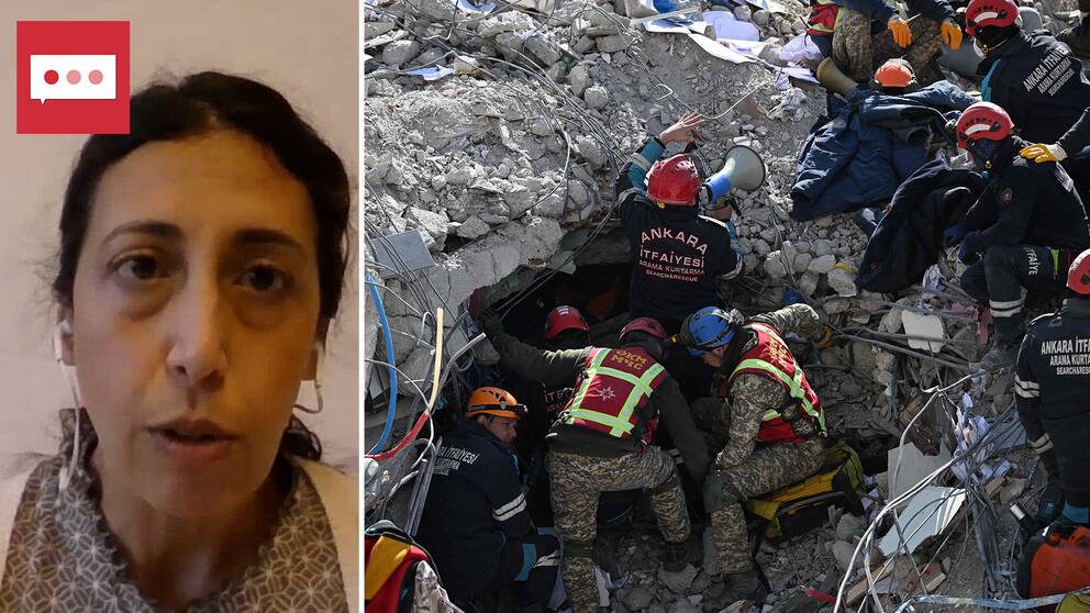 Bild på Katrin Kisswani och bild på räddningsarbetare vid rasmassor i Turkiet.