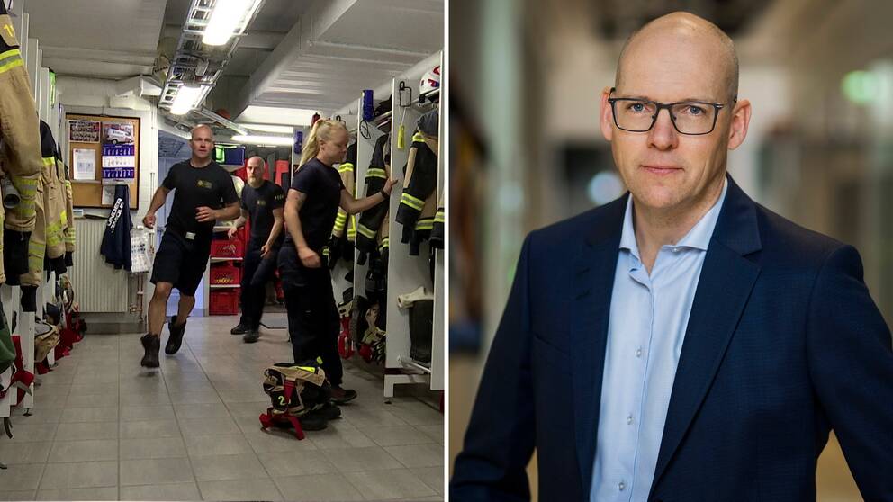 Två manliga och en kvinnlig brandman gör sig i ordning för utryckning till vänster. Man i kostym till höger.