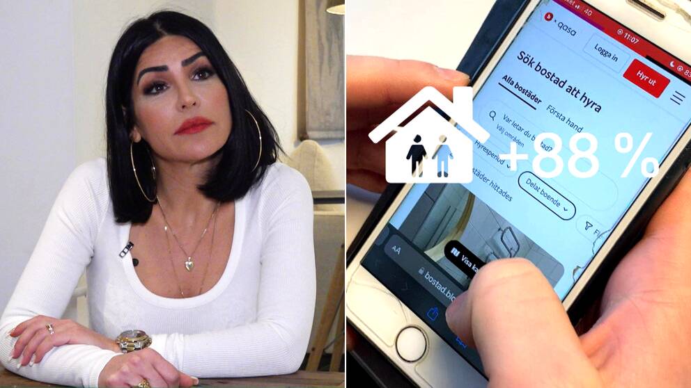 Maria Ghaedi en kvinna i vit tröja. Och en mobiltelefon som ska illustrera bostadsuthyrning