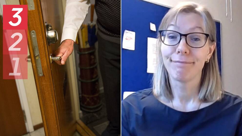 hyresexperten Anneli Cederschiöld och en genribild på en äldre person som öppnar en lägenhetsdörr
