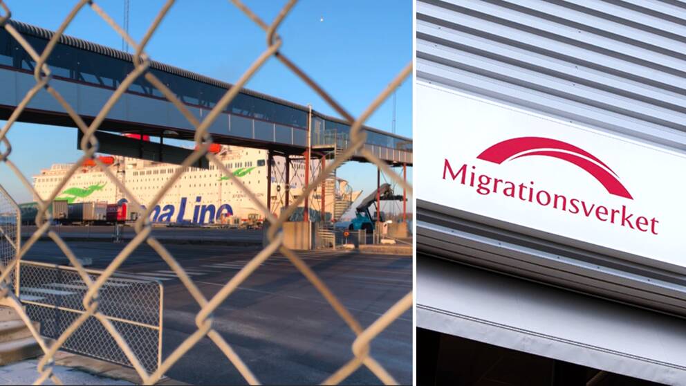 Polenfärjan vid Verköhamnen i Karlskrona och en skylt på Migrationsverket