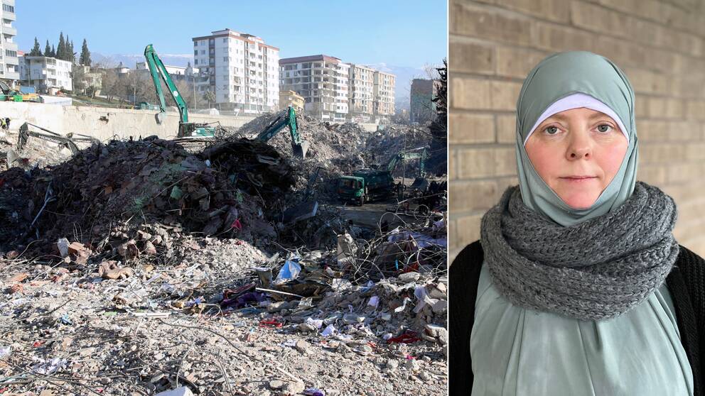 Bild på raserade hus i Kahramanmaras i Turkiet efter jordbävningen och en kvinna framför en tegelvägg. Kvinnan heter Gudlaug Hilmarsdottir och är kontaktperson för Islamiska kulturföreningen i Ronneby.
