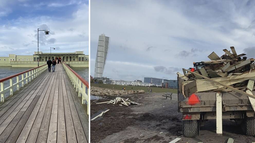 Bild på bryggan till Ribersborgs kallbadshus och bil på lastbil som transporterar bort brädor.
