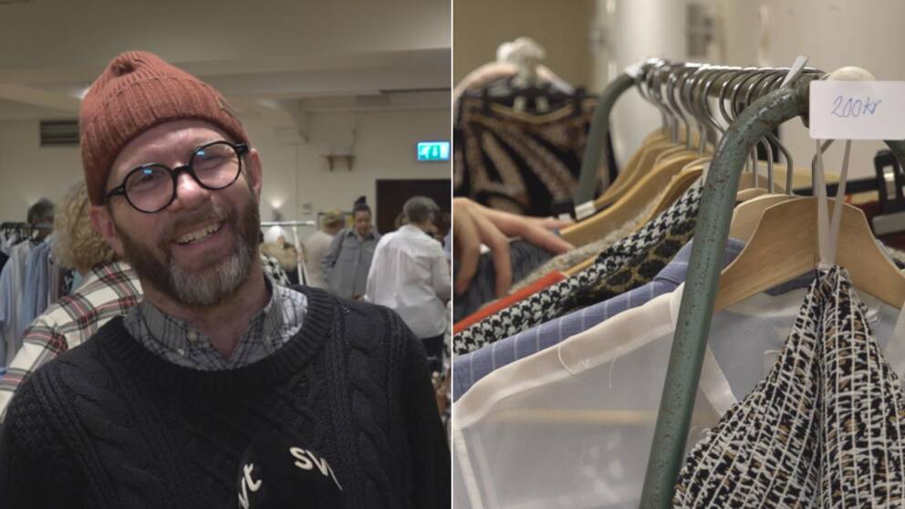Tvådelad bild: Nicklas Ersson, en av försäljarna på märkesloppisen och klädesplagg på en hängare.