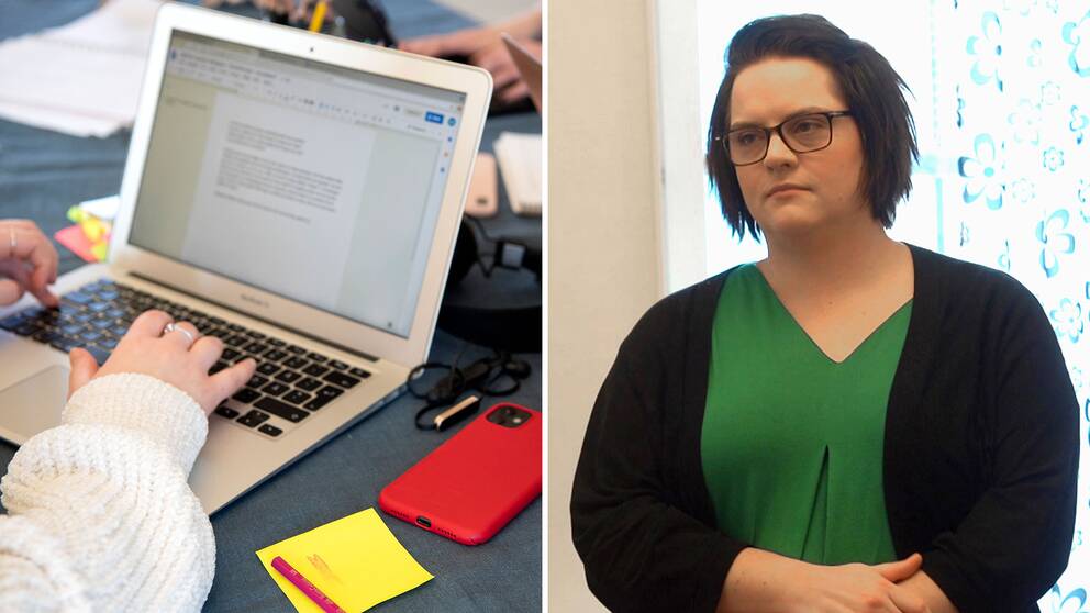 närbild kvinnohand som skriver på laptop, samt en kvinna som intervjuas