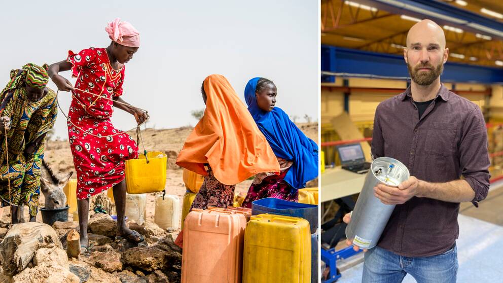Tvådelad bild. Till vänster fyra kvinnor i Afrika som bär vatten, till höger flintskallig man med en vattenrenare.