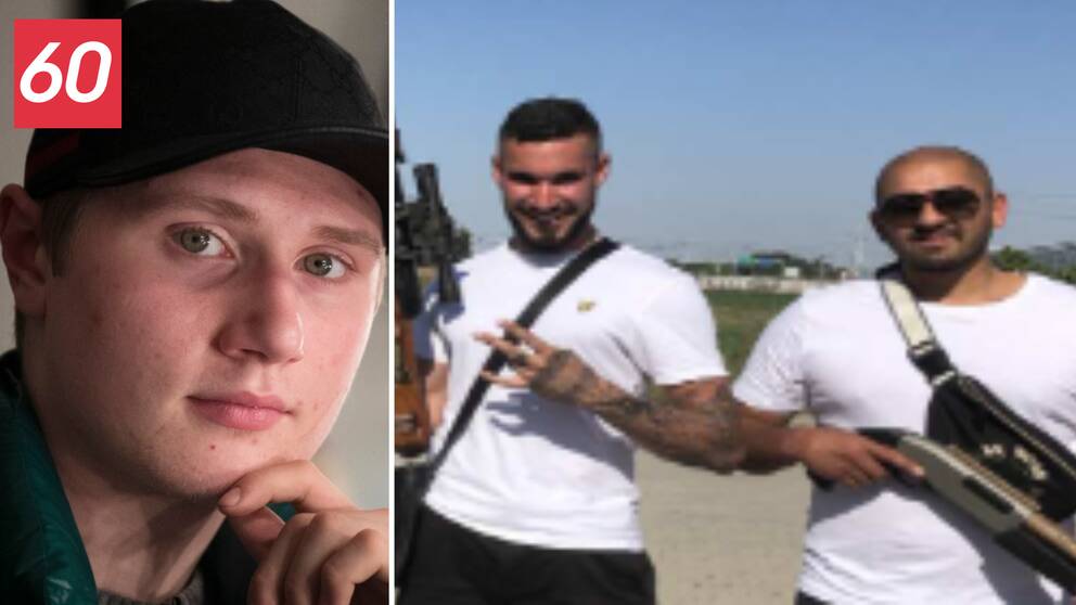 Till vänster rapparen Nils ”Einar” Grönlund.  Till höger Dalennätverkets ledare Mario Golzar Mia som poserar med vapen tillsammans med rapparen Haval.