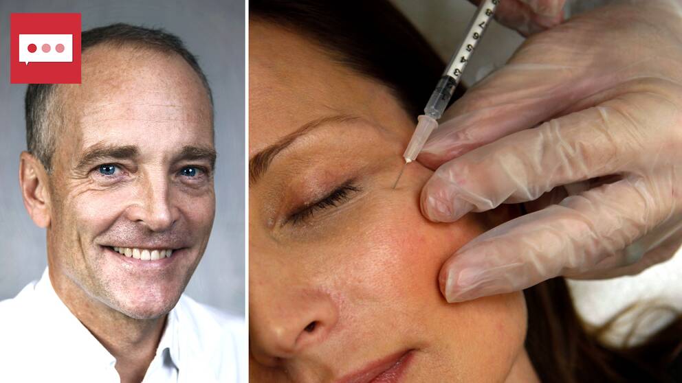 en man som är plastikkirurg, Ulf Samuelsson, och en inzoomning på ett kvinligt ansikte som får injicering (botox, fillers) i en spruta.