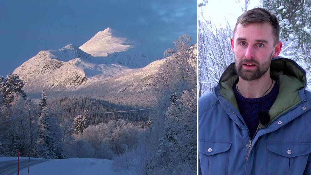 Montage av två bilder. Till vänster syns en fjällskedja och till höger syns Martin Jonsson på Länsstyrelsen i Norrbotten.