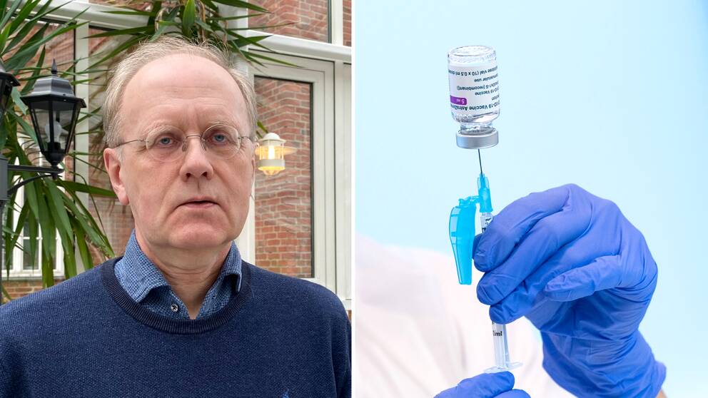 Till vänster i bild syns en man. Han heter Bengt Wittesjö och är smittskyddsläkare i Region Blekinge. Till höger i bild visas en spruta som fylls med vaccin.