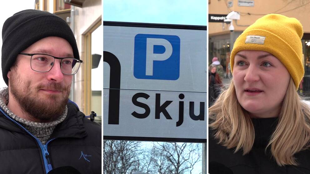 Bengt-Olof Eriksson och Cassandra Sjödin är tveksamma till om färre parkeringar gör att luften i Östersunds city blir bättre. Längst till vänster ser man Bengt-Olof, en man med svart mössa, glasögon och skägg. I mitten en skylt för parkeringsplats. Längst till höger Cassandra med gul mössa och långt blont hår.