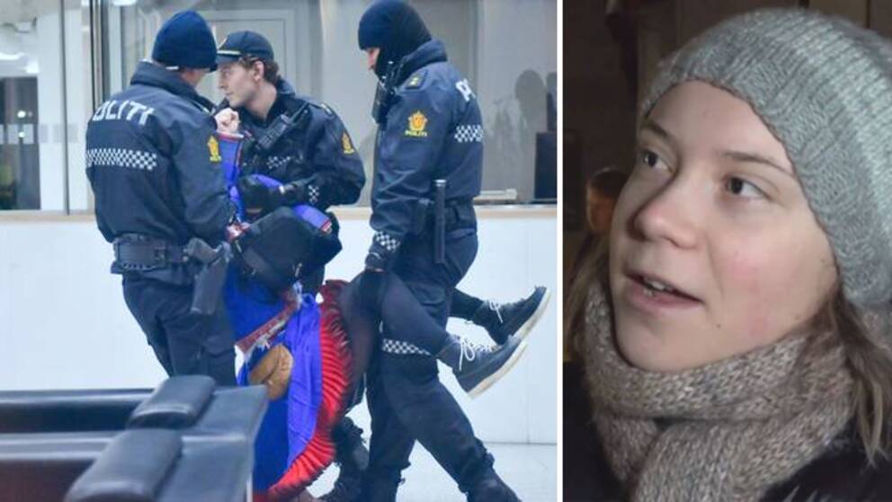 Här bär poliserna ut en av de tretton aktivisterna som ockuperat Olje- och energidepartementet i Oslo. Greta Thunberg var på plats och stöttade aktivisterna utanför.