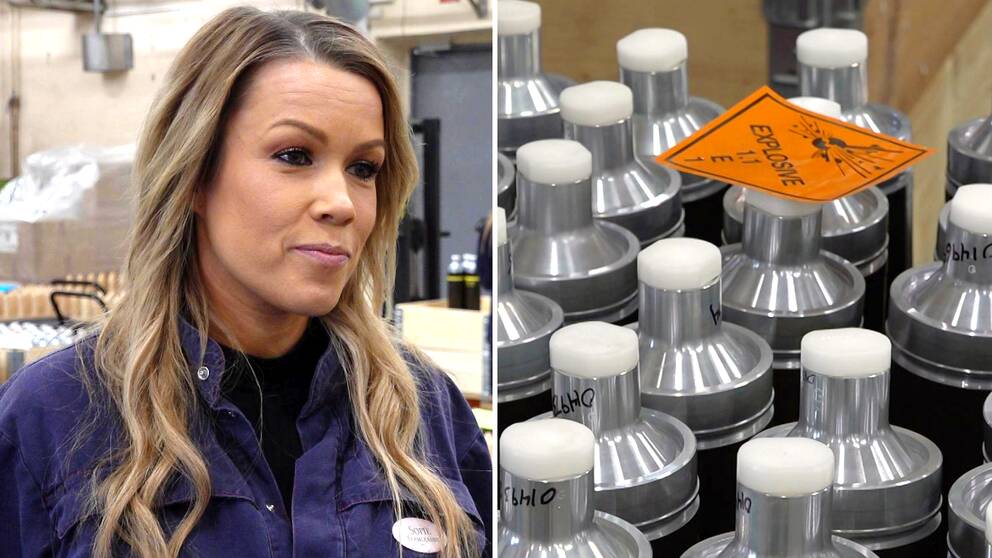 Tvådelad bild: Sofie Petersen, en kvinna i arbetskläder, står på ett industrigolv och blir intervjuad av SVT med en mikrofon framför sig, och delar av vapen som tillverkas av Saab Dynamics i Karlskoga.