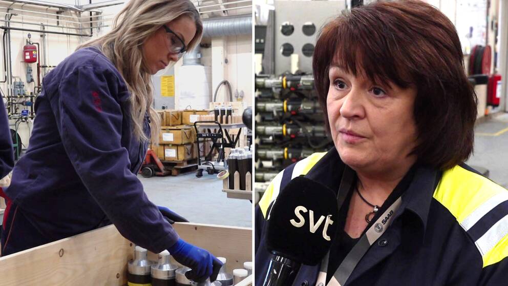 Tvådelad bild: En kvinna som jobbar på Saab Dynamics i Karlskoga packar ner tillverkat gods i en pall med krage, och HR-direktören Helena Wäreby blir intervjuad av SVT på industrigolvet.