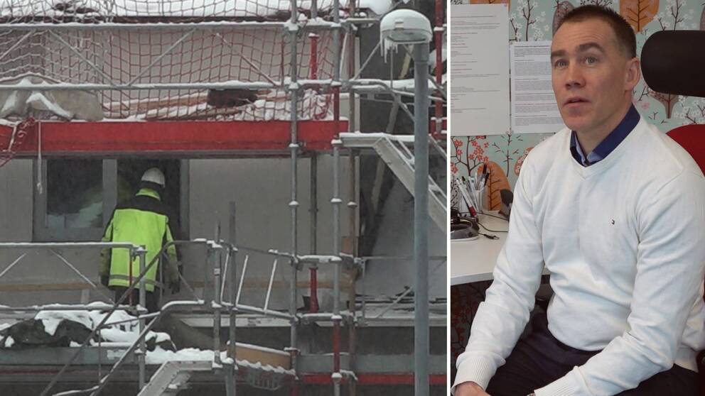 Kollage: Till vänster en byggställning som står mot ett hus. En byggarbetare i varselkläder står och tittar in genom ett husfönster. Till höger Henrik Navjord från Svenskt näringsliv i Dalarna, klädd i vit tröja sittande med armarna lutade i knät.