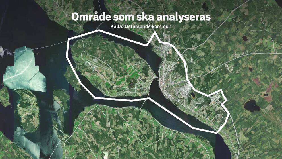 Bilden visar en karta över Östersund och Frösön. Området är omringat med ett vitt streck. Trafikflödena inom området ska analyseras.