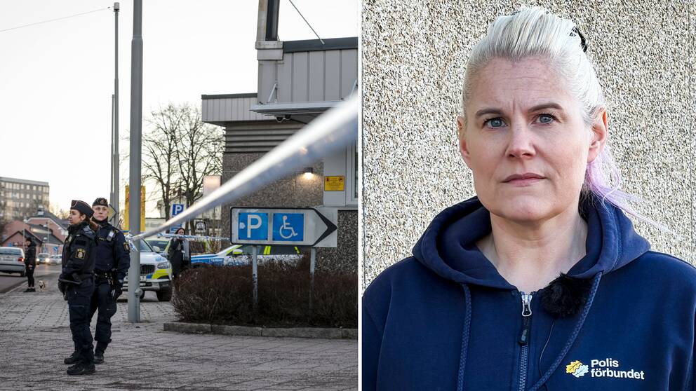 Till vänster Poliser utanför polishuset i Norrköping. Till höger: Sara Walters representerar Polisförbundet i polisregion Öst och berättar om sina tankar efter knivattacken utanför polishuset i Norrköping.