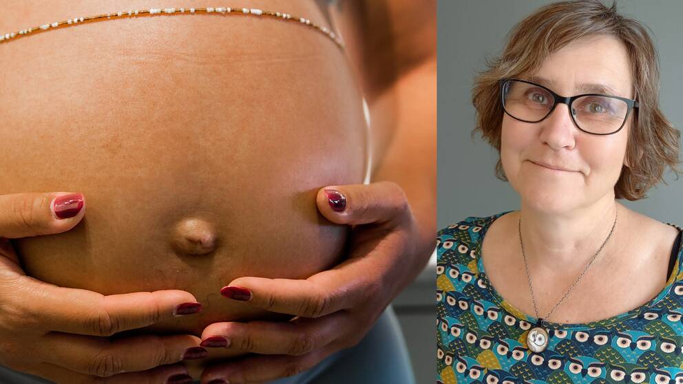 Bild på en gravidmage och Lena Lundkvist, demograf på SCB.