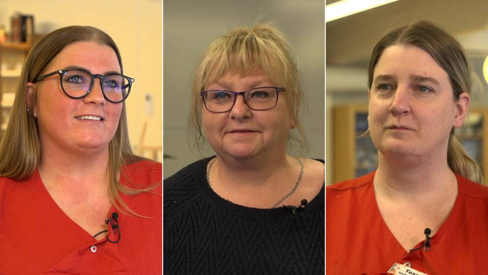 Alihoitajat Angelica Eriksson (vasemmalla), Åsa Johansson (keskellä) ja Therese Sanderfors (oikealla) vastaavat SVT:n haastattelukysymyksiin.