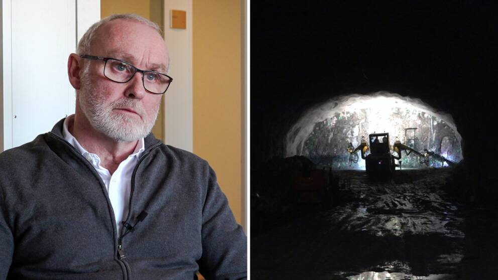 En man, Bo Larsson som är Trafikverkets projektchef för Västlänken, delad bild från en tunnel där en maskin bygger,