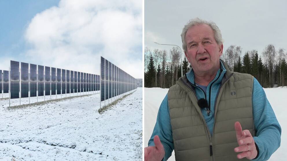 Montage av två bilder. Till vänster syns vertikala solceller och till höger syns markägaren Mikael Hugoson.