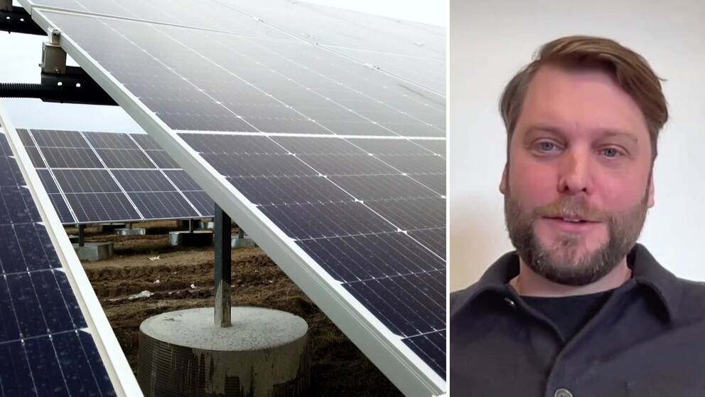 Montage av två bilder. Till vänster syns solcellspaneler och till höger syns Sunna groups vd Marcus Qviberg.