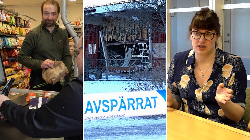 en man vid en kassa i en matbutik, en explosion vid Tjärna Ängar – vid en mataffär och en kvinna i mönstrad blus och glasöong brunt hår.
