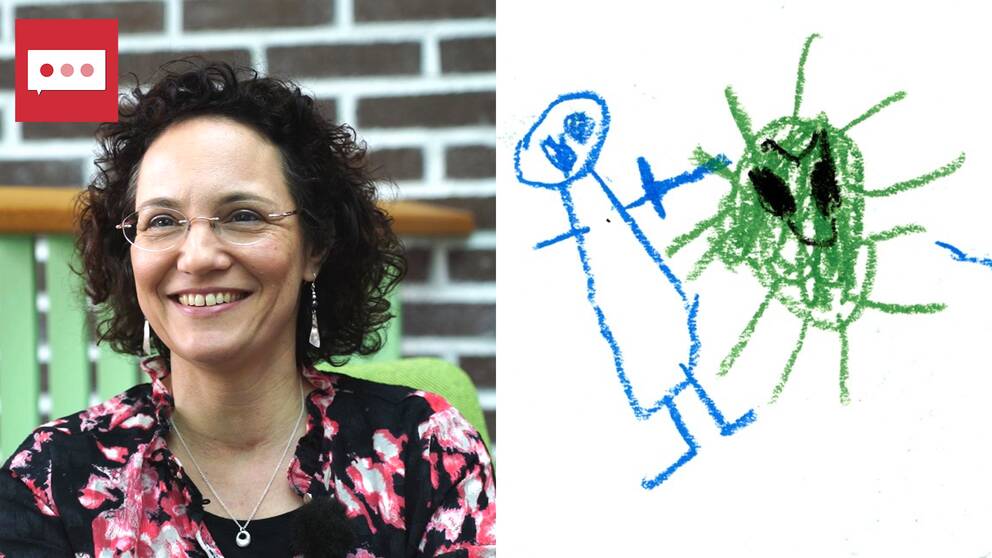 Bildkollage. Till vänster: närbild på Anna Sarkadi, mörkt lockigt hår, ler mot kameran, glasögon utan bågar. Till höger: en barnteckning, en blå gubbe riktar ett svärd mot en grön bakterie, som ser ut som en sol, och har svarta ögon, glad mun, och arga ögonbryn.